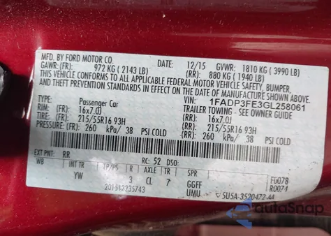 2016 Ford Focus Se z USA, uszkodzony, nr VIN 1FADP3FE3GL258061